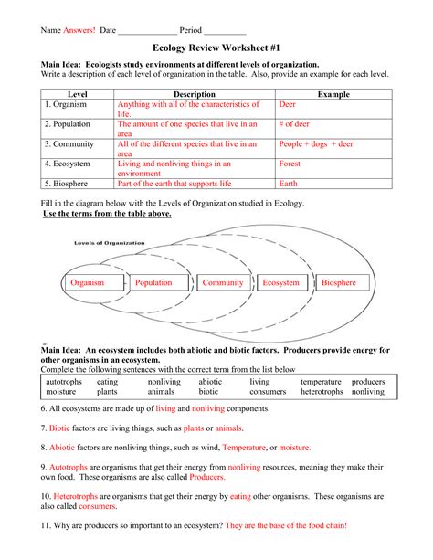 Write a description of each level of organization in the table. . Ecology review worksheet 1 pdf answer key